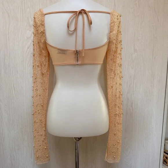 NWOT Oh Polly Champagne embellished Beaded Long Sleeve Crop Top size 2 - Picture 7 of 13